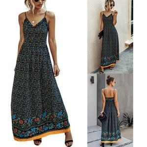 Floral Boho Spaghetti Strap Maxi Dress, Navy Blue Floral, M